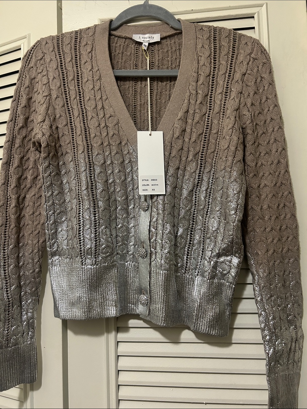 J. Society NY Metallic Cable Knit Zip Cardigan Sweater Taupe Silver XS NWT